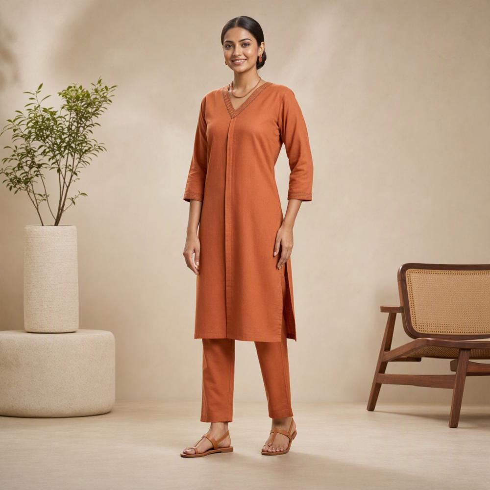 Orange Magic Cotton Kurti Set