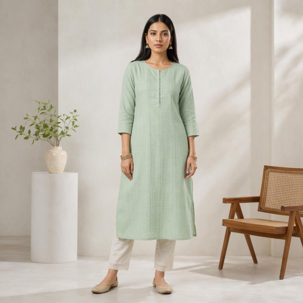 Long Kurti Sage Green in Cotton Jacquard