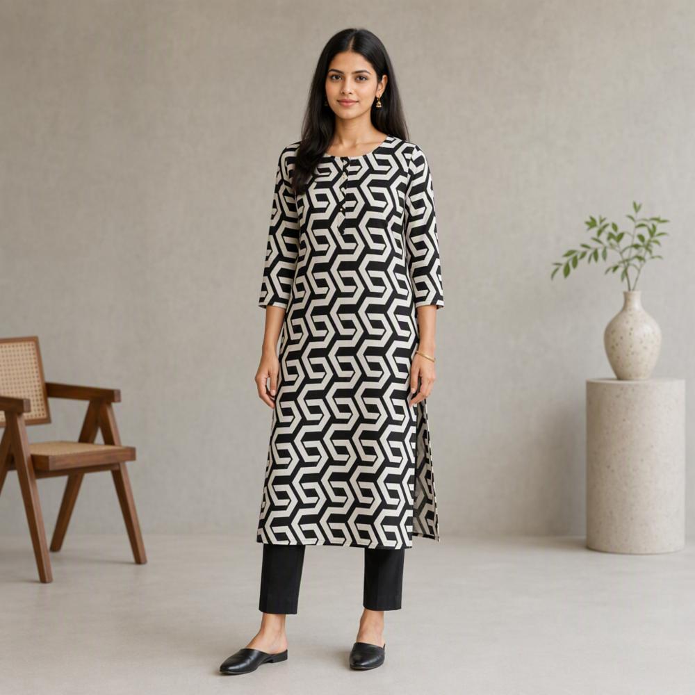 Long Kurti Black and White Poly Cotton