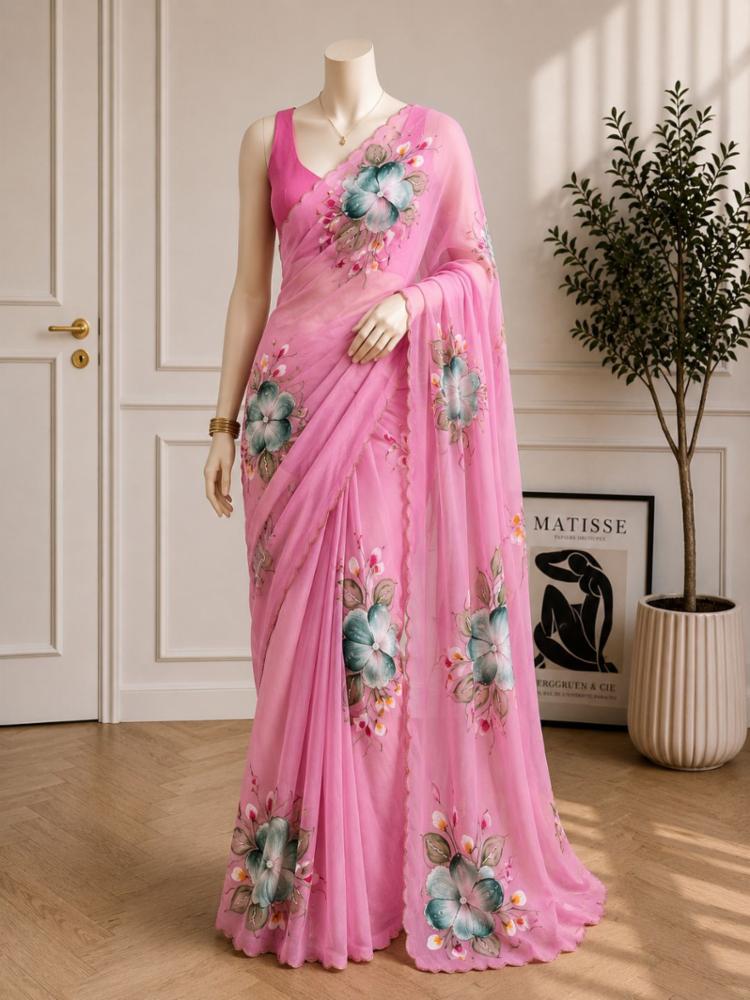 Handwork Pure Chiffon Saree with Handbrush Floral Work and Blouse