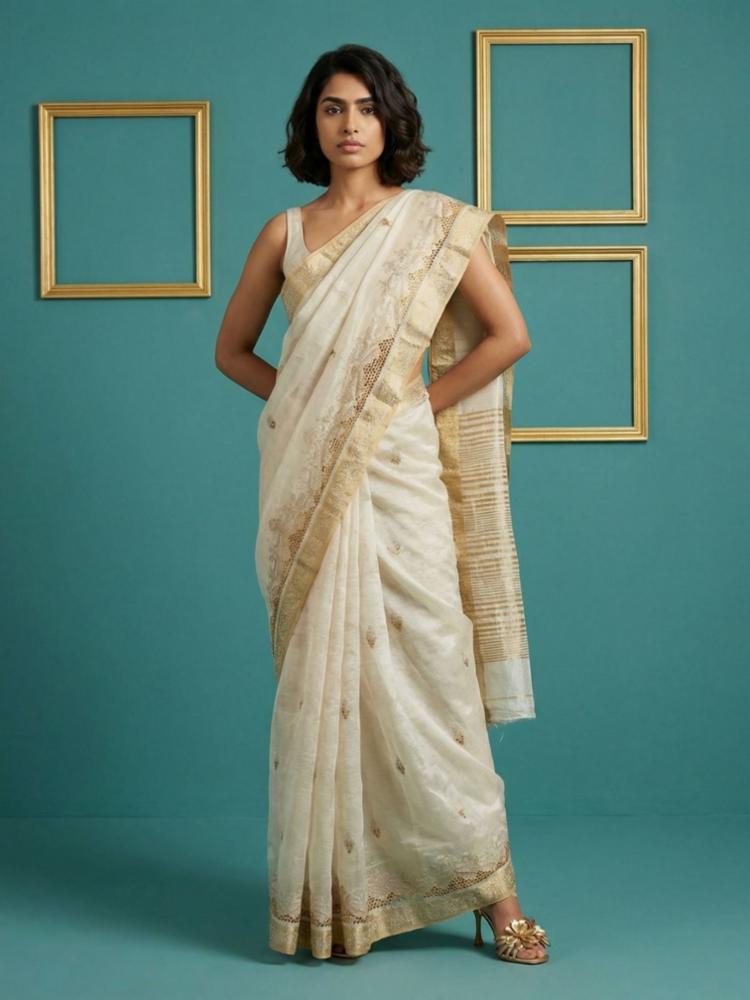 Premium Tussar Silk Saree with Chain Stitch & Cutwork Embroidery