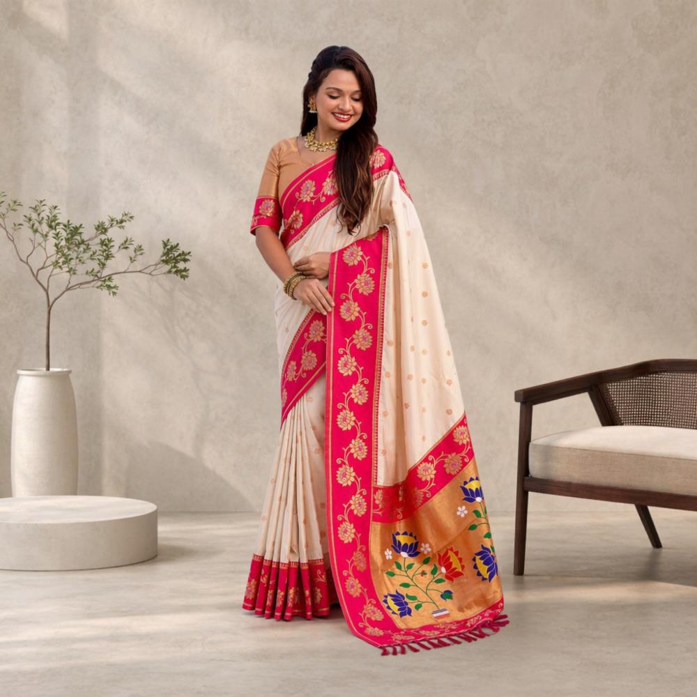 Soft Silk Saree with Gold Zari Lotus Motifs & Contrast Lotus Pallu