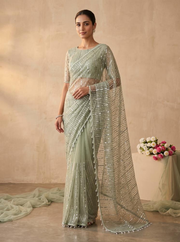 Pure Soft Net Saree with Beads Work and Fancy Moti Lace Border
