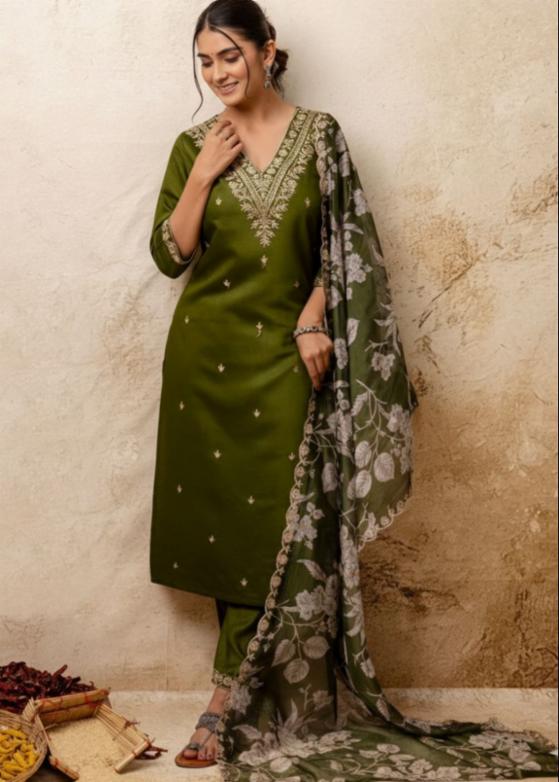 Women's Silk Blend Embroidered Kurta Pant Set with Floral Dupatta | 3-Piece Ethnic Suit Set
