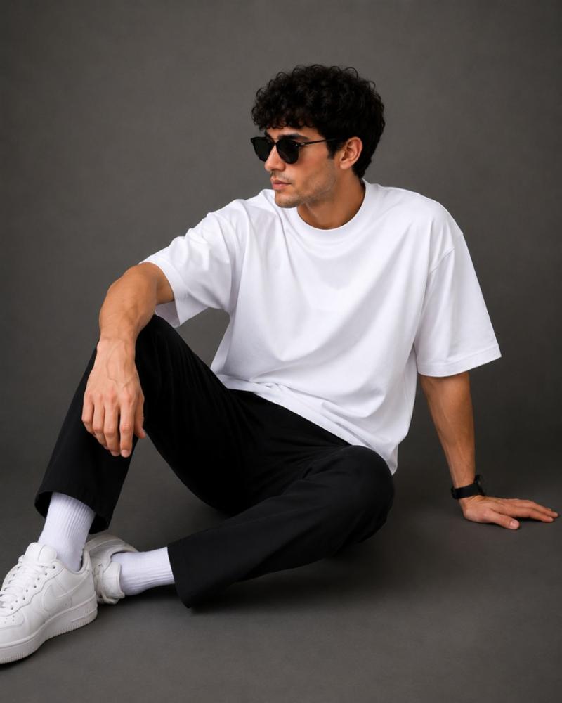 FRANKWIL Cotton Lycra 220 GSM Oversized Drop Shoulder Plain T-Shirt