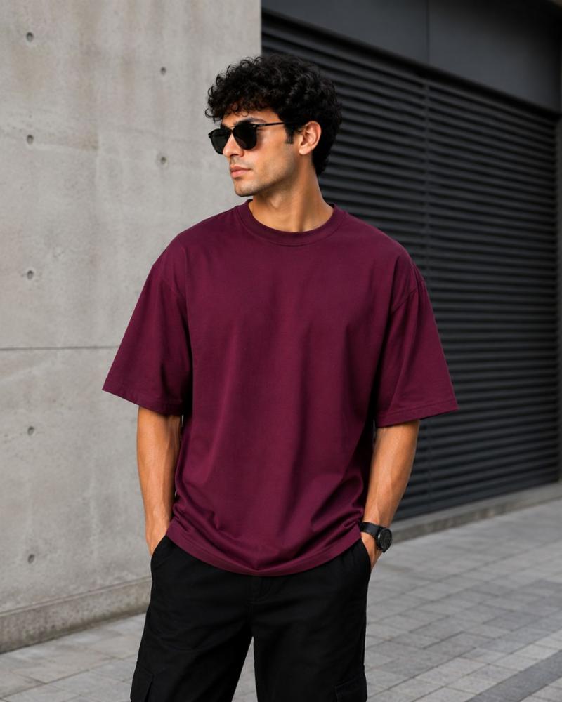 Drop Shoulder Cotton Lycra 220 GSM Plain Oversized T-Shirt for Men