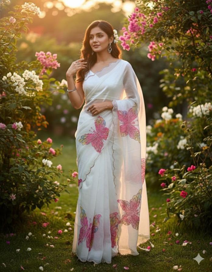 Pure Organza Butterfly Handprint Saree with Multicolour Pearl Handwork and Contrast Silk Blouse