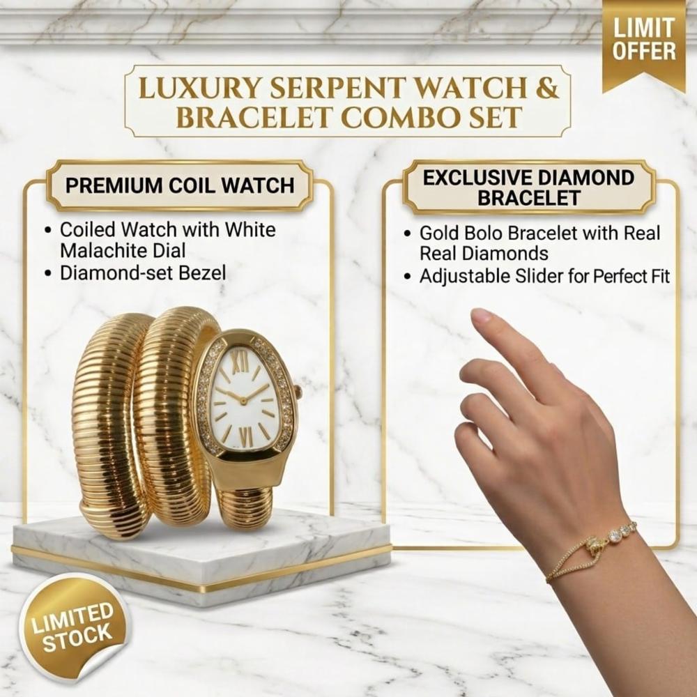 Gold Coiled Serpent Watch & Sparkling CZ Stones Bracelet Set for Women