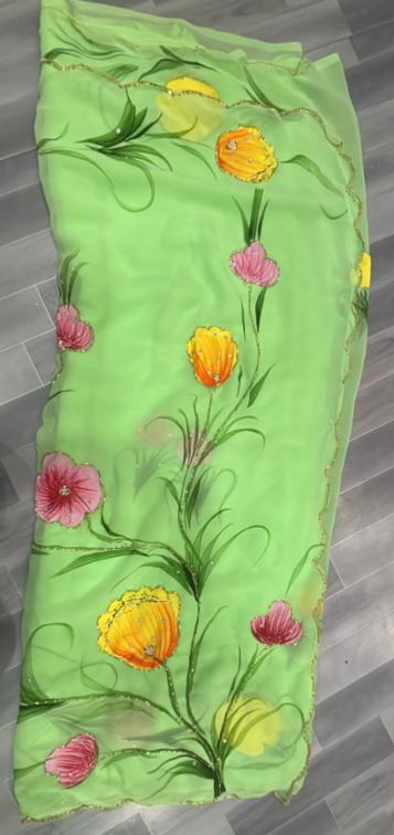 Soft Pure Georgette Handwork Saree with Handbrush Flower Design