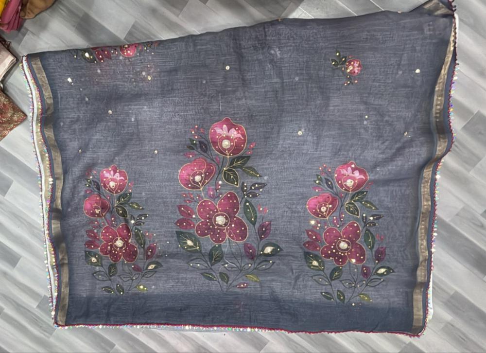 Soft Mal Cotton Saree with Floral Digital Print and Mirror Sequence Work