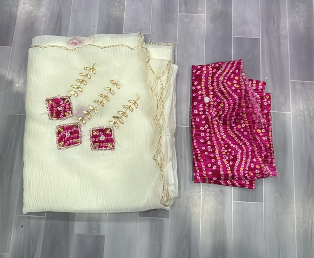 Pure Georgette Chiffon Saree with Zardozi & Handwork Patch Butta, Bandhej Muslin Blouse
