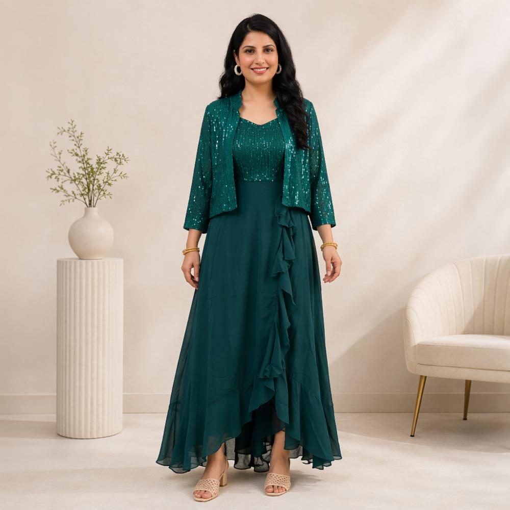 Women's Sequin Georgette Strap Dress with Jacket | Party Wear Gown