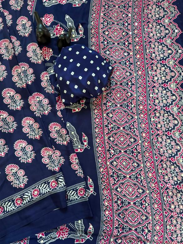 Pure Ajrakh Sartin Viscose Silk Saree 