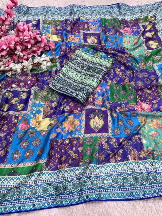 Premium Chinnon Digital Print Saree with Original Mirror Work & Designer Border