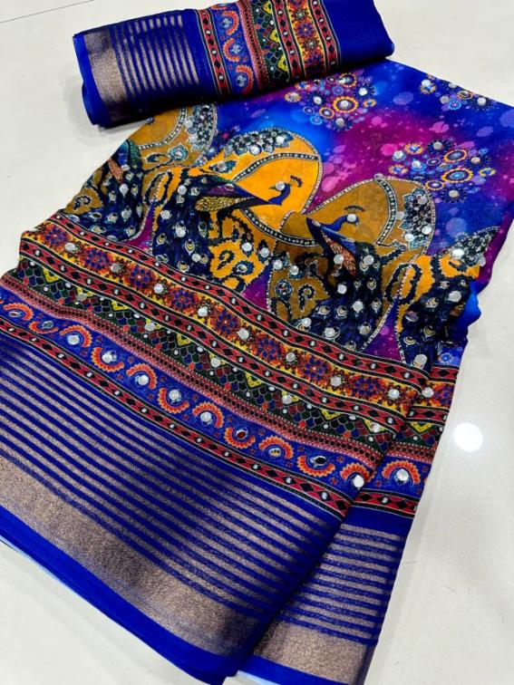Mirror Work Georgette Digital Print Saree with Running Blouse