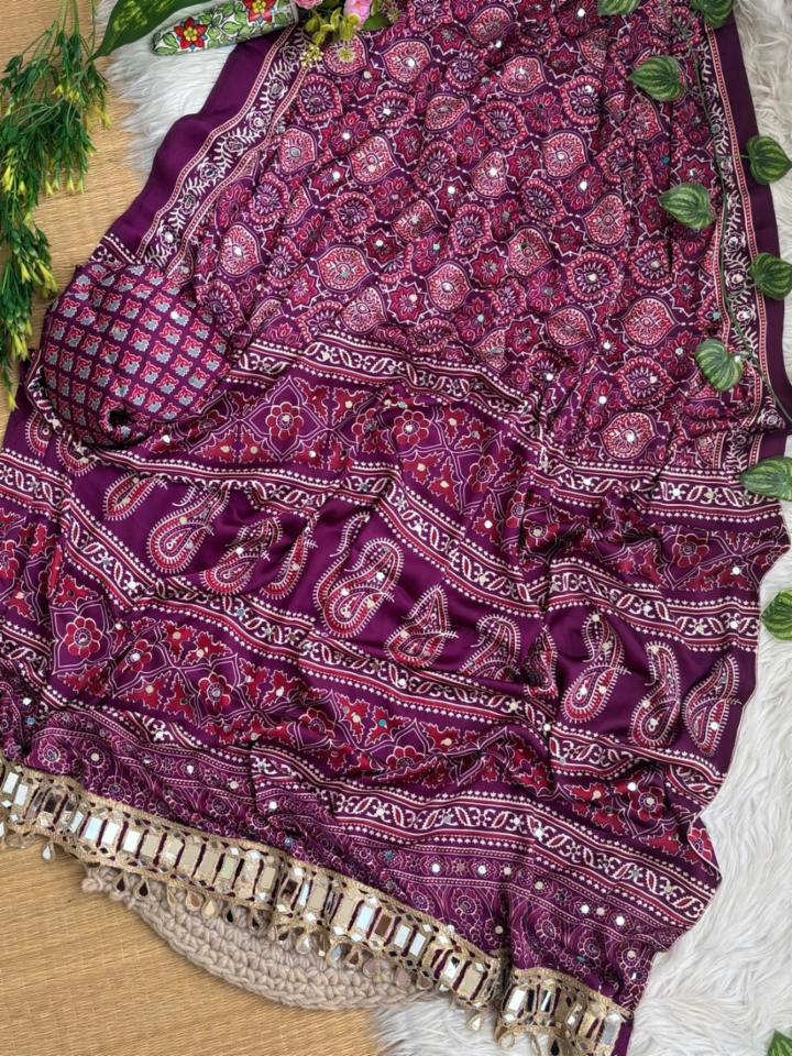 Japan Satin Ajrakh Print Mirror Work Saree with Real Mirror Lace Border