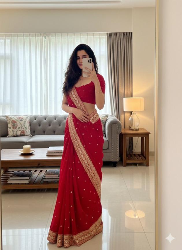 Red Pure Georgette Embroidery Work Saree with Sequins and Lace Border
