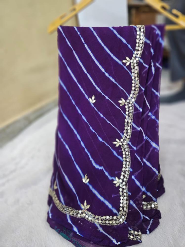 Half Pure Chiffon Lahriya Saree with Handwork Border and Running Blouse, Free Size