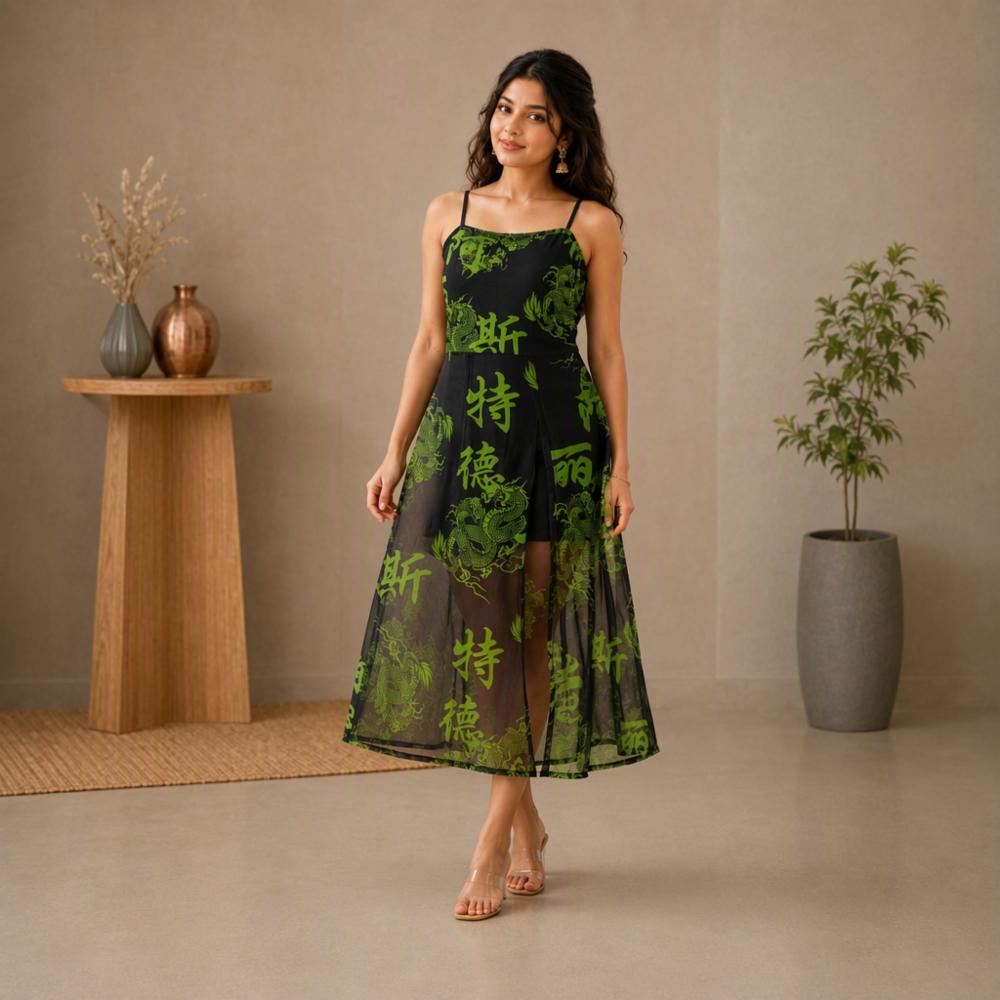 Trendy Black Sheer Georgette Midi Dress