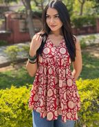 Nivara Women's Jaipuri Printed Sleeveless Alia Cut Short Kurti | Rayon