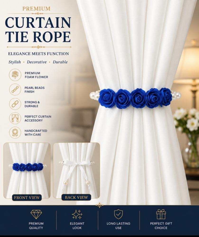 Handcrafted Curtain Tie Back Rope with Foam Flower & Pearl Beads - Pack of 2