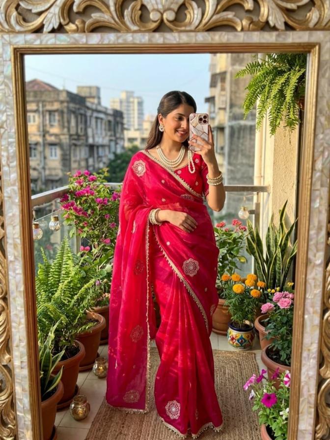 Space Silk Saree with Heavy Embroidery Butta and Stitched Blouse