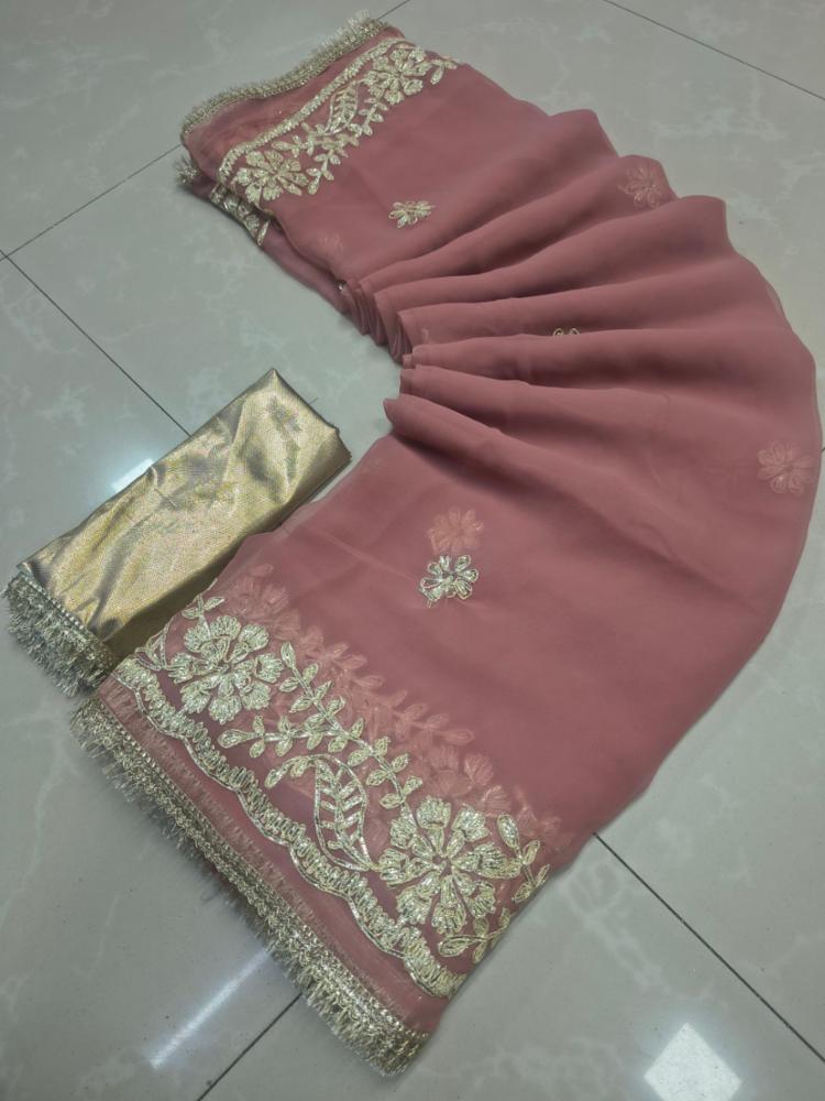 Gorgette Saree with Embroidered Work and Unstitched Blouse Piece