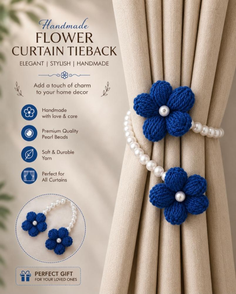 Handmade Crochet Flower Curtain Tie Back Rope with Pearl Beads (Pack of 2)