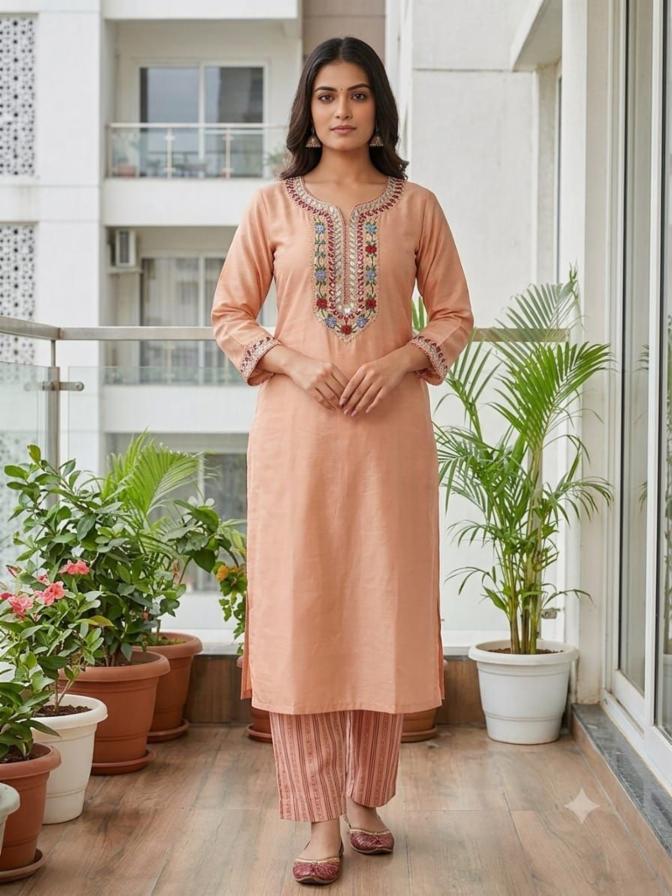 Peach Chanderi Silk Blend Women's Kurta Pant Set with Mirror and Embroidery Work