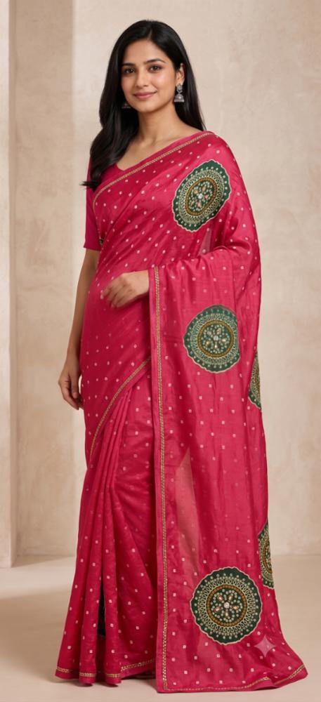 Rani Pink Crape Chinon Bandhej Print Saree with Mirror Work Border