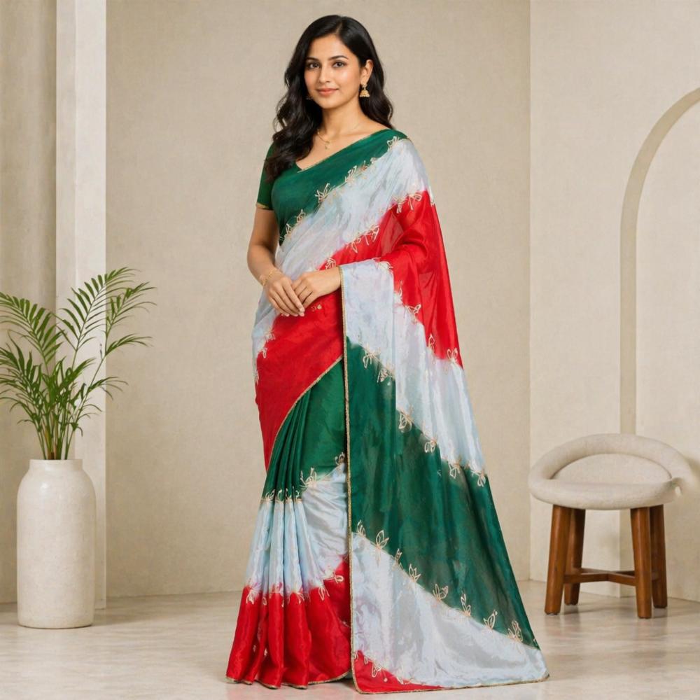 Tiranga Shimmer Crape Chinon Saree with 3-Color Shaded Pattern and Zari Border