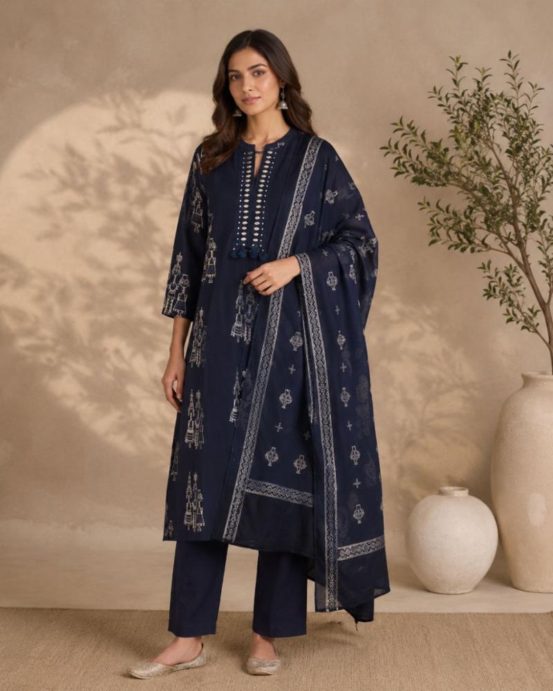 Surabhi Navy Blue Tribal Print Cotton Kurta Set