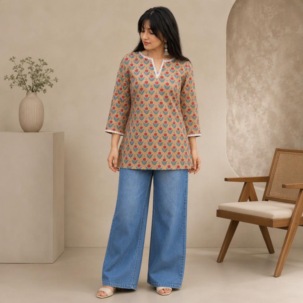 Women's Floral Print Cotton Short Kurti | Casual & Office Wear