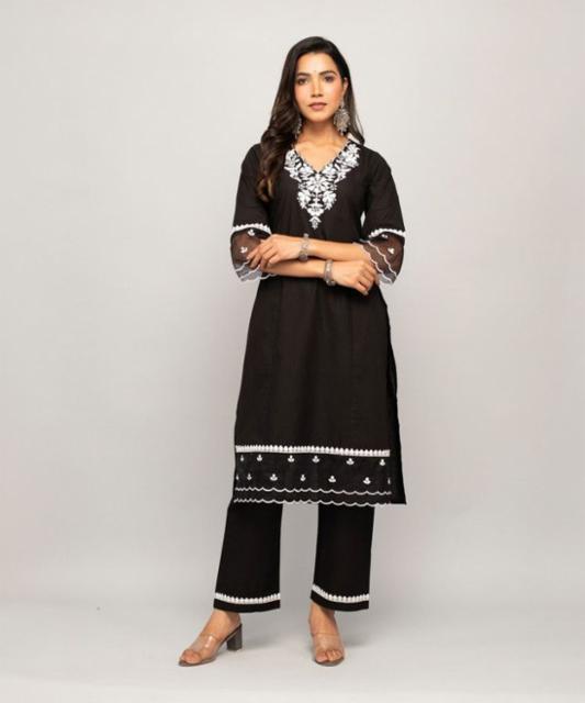 Women Black Pure Cotton Kurta Palazzo Set