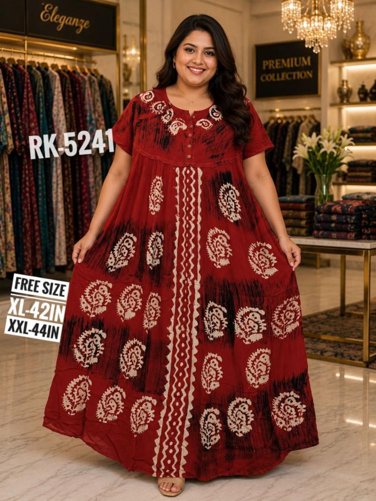 Block Printed Long Flared Tie-Dye Gown Dress Rayon Cotton Mix XL XXL