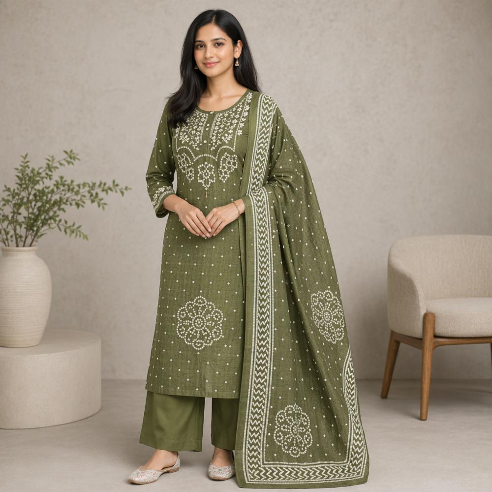 Pure Cotton 3 Piece Straight Cut Kurti Pant Dupatta Set