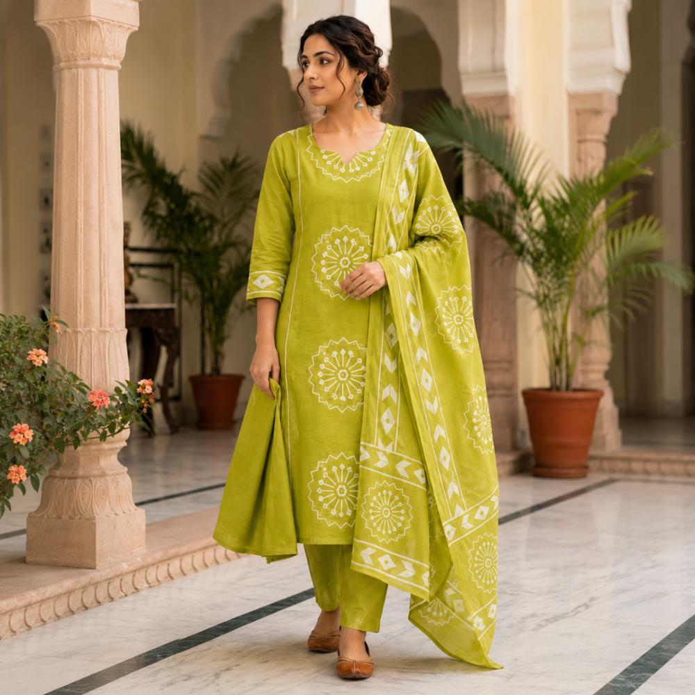 Cotton 3 Piece Kurti Pant Dupatta Set