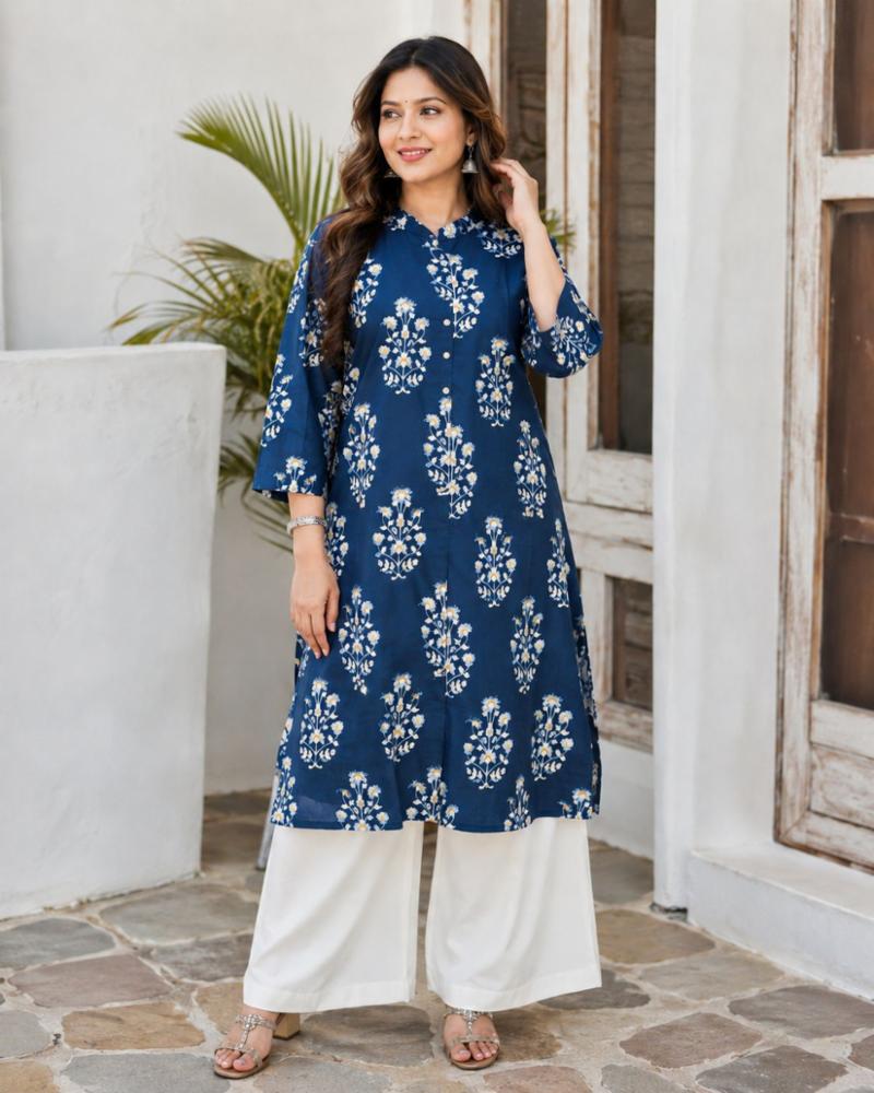 Raagini Women's Indigo Blue Cotton Printed Kurta