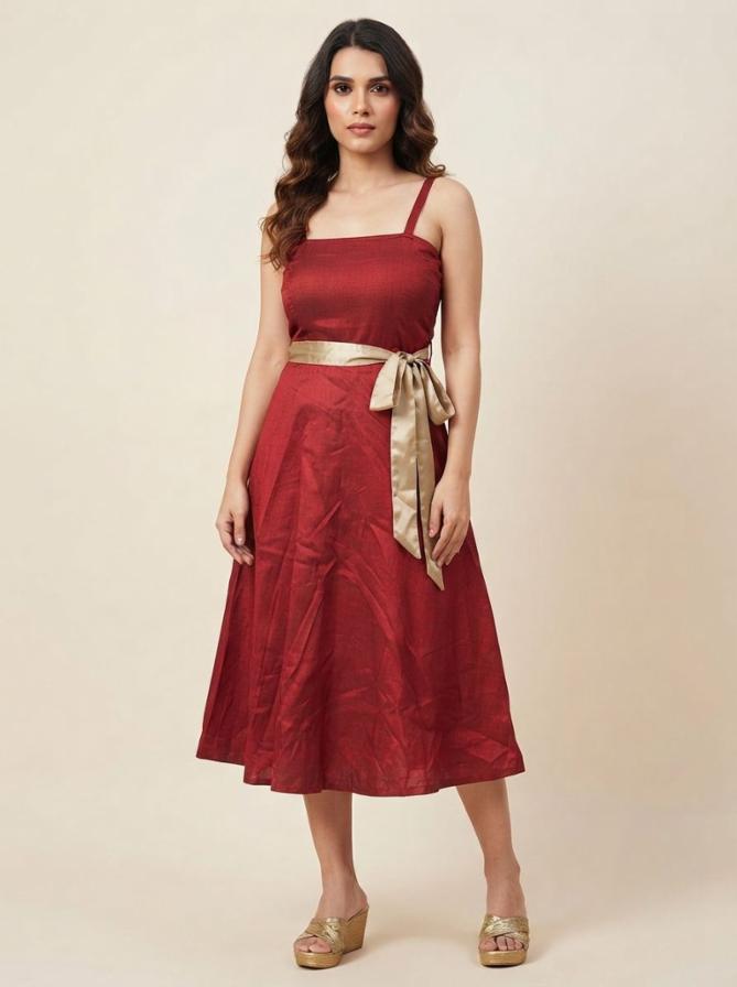 Maroon Satin Dress with Stripes and Golden Ribbon Belt