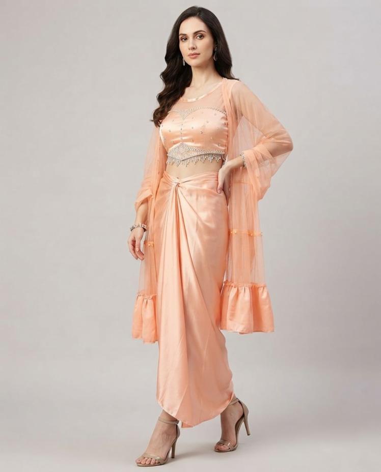 Peach Satin Pearl Work Draped Dress Set