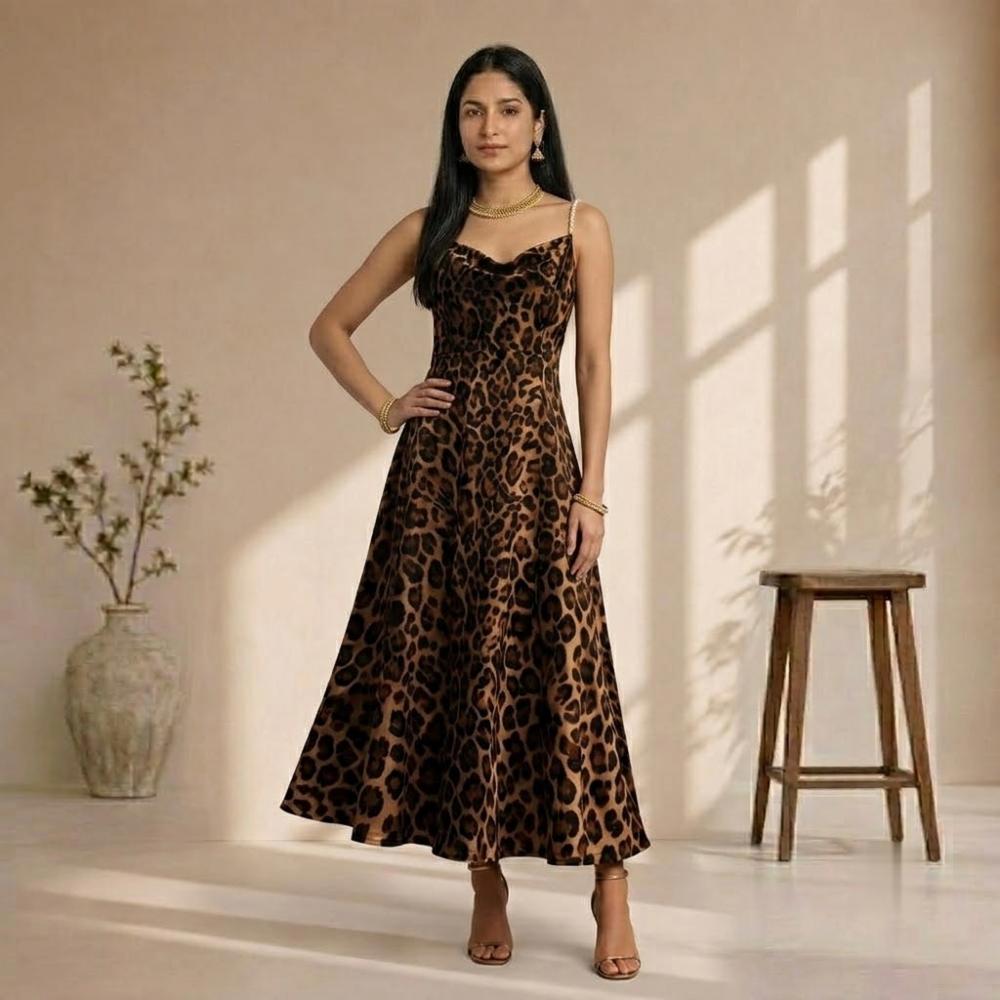Leopard Print Butter Crepe Dress with Pearl Straps and Back Zip