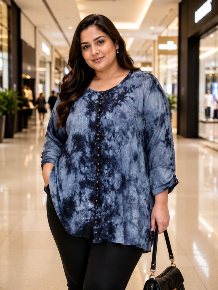 Plus Size Tie-Dye Embroidery Front Open Shirt Tunic for Women, Sizes 4XL-6XL