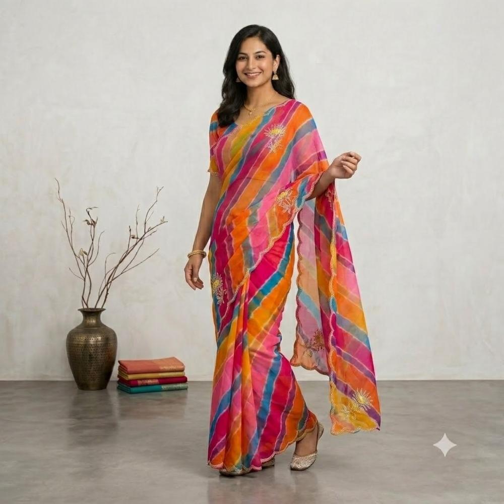 Georgette Hand Cutdana Leheria Saree with Gotta Patti Border and Blouse