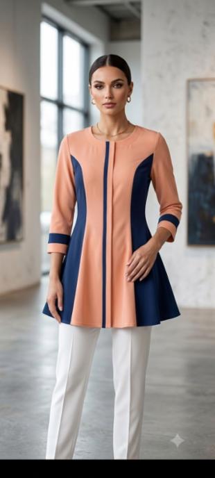Womenâs Peach & Navy Blue Frock-Style Short Kurti
