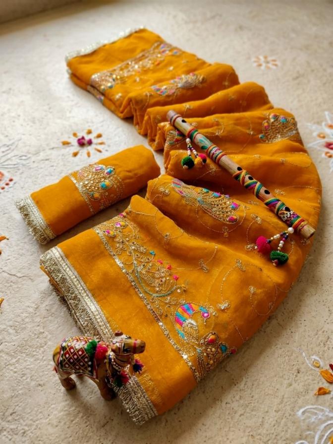 Ghoomar Gold Pading Printed Chiffon Saree with Embroidered Details and Unstitched Blouse