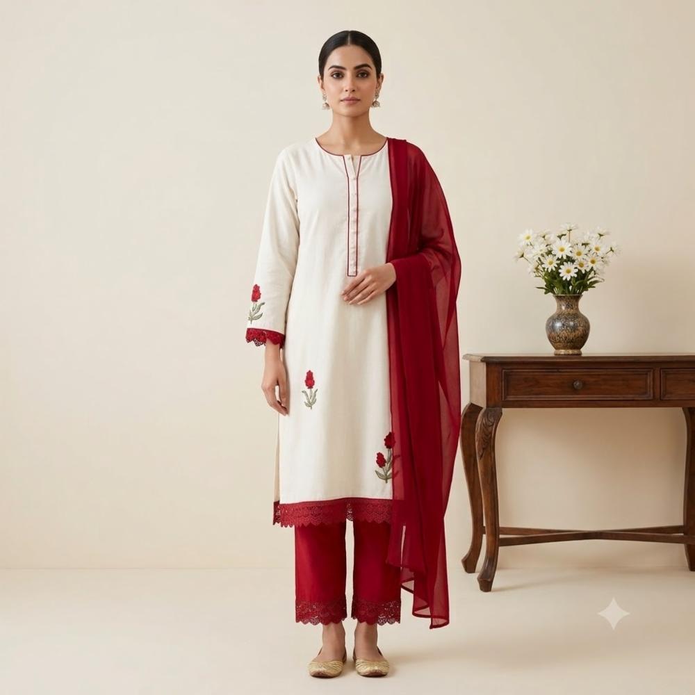 Cotton Unstitched Suit Set with machine Work