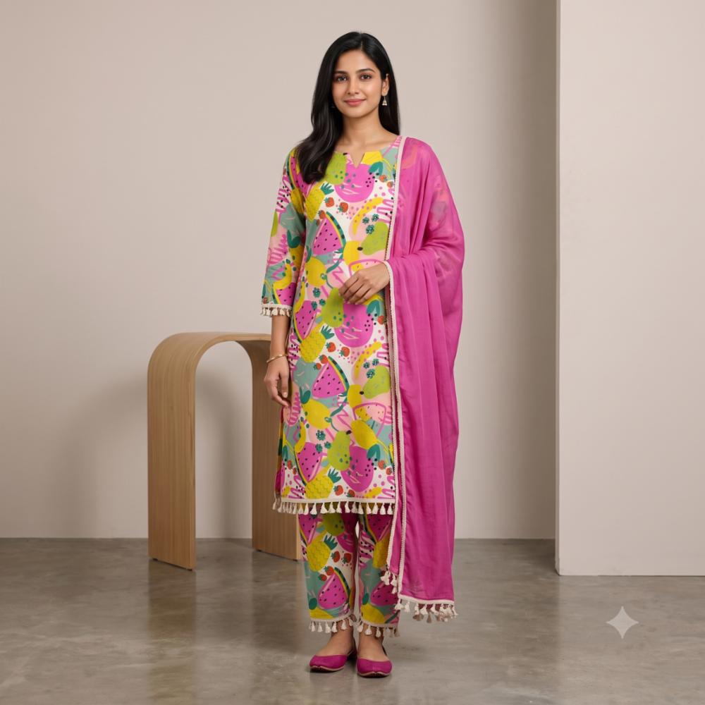 Cotton Printed Unstitched Suit Set with Dupatta