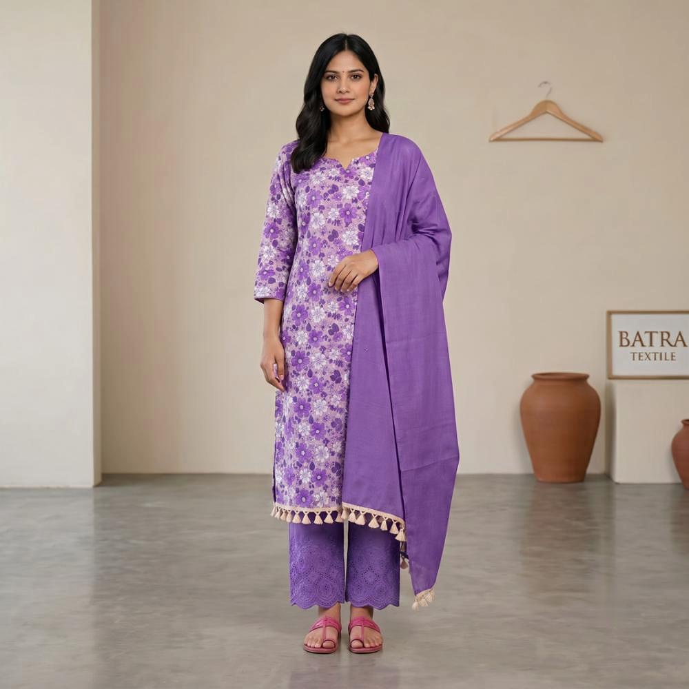 Cotton Blend Unstitched Suit Set with Dupatta
