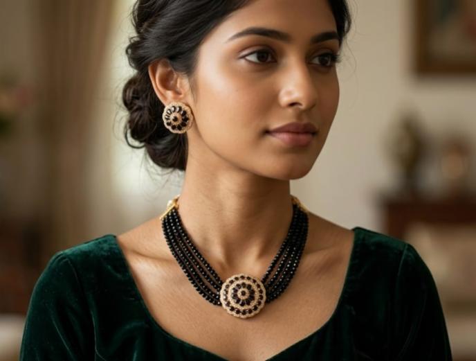 Gold-Plated Black Crystal Choker Necklace Set with Floral Studs