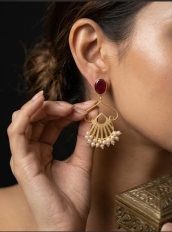 Matte Gold-Plated Drop Earrings with Maroon Stone Studs and Pearl Hangings